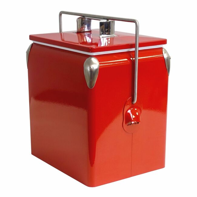 BRANDED 13L RED RETRO METAL COOLER W/HANDLE & OPENER